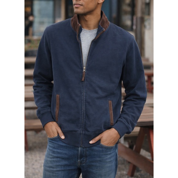 Billy Reid Other - Billy Reid Suede Trim Full Zip Jacket Navy Blue Brown Cotton Stretch Mens Medium